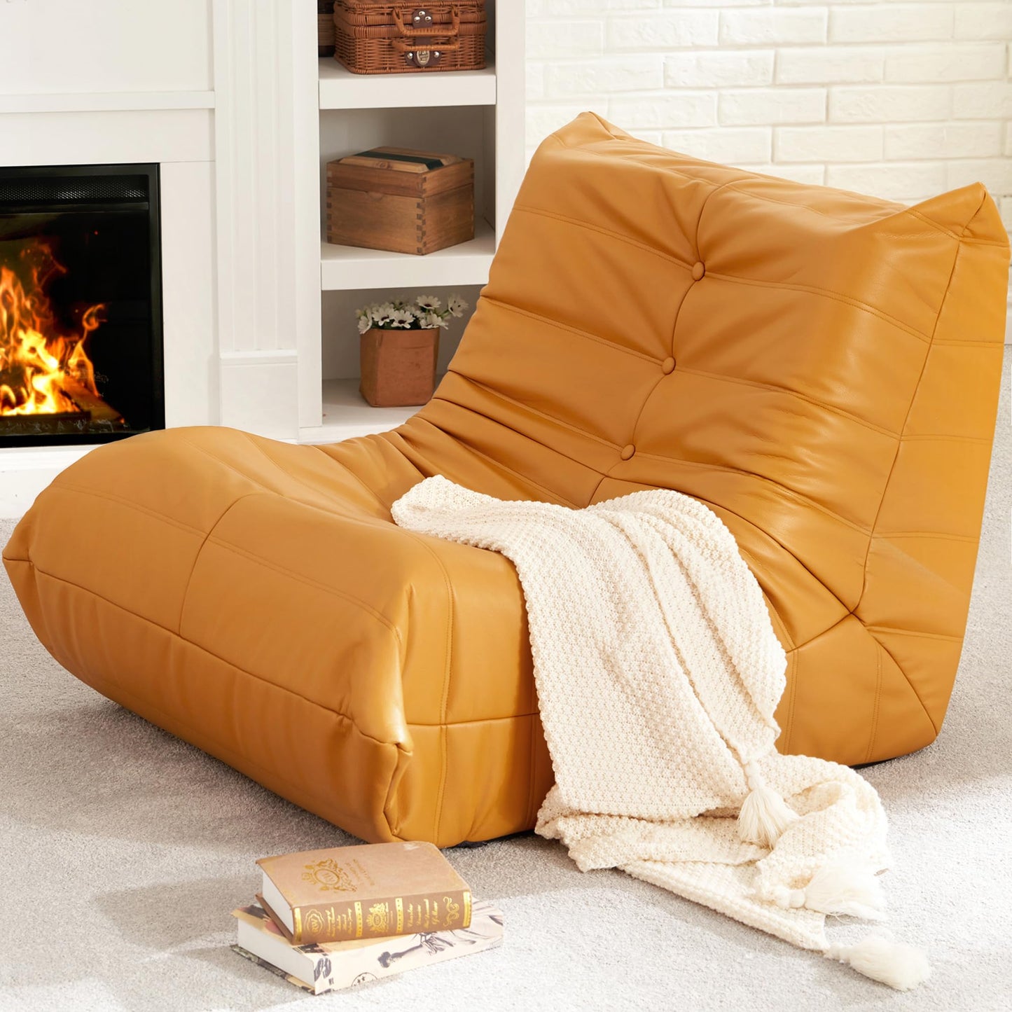 Hobestluk Giant Bean Bag Chair Lazy Floor Sofa, Memory Foam Fireside Sofa for Adults, Big Beanbag Faux Leather Armless Chair for Living Room Bedroom Dorm Office (Brown Leather)