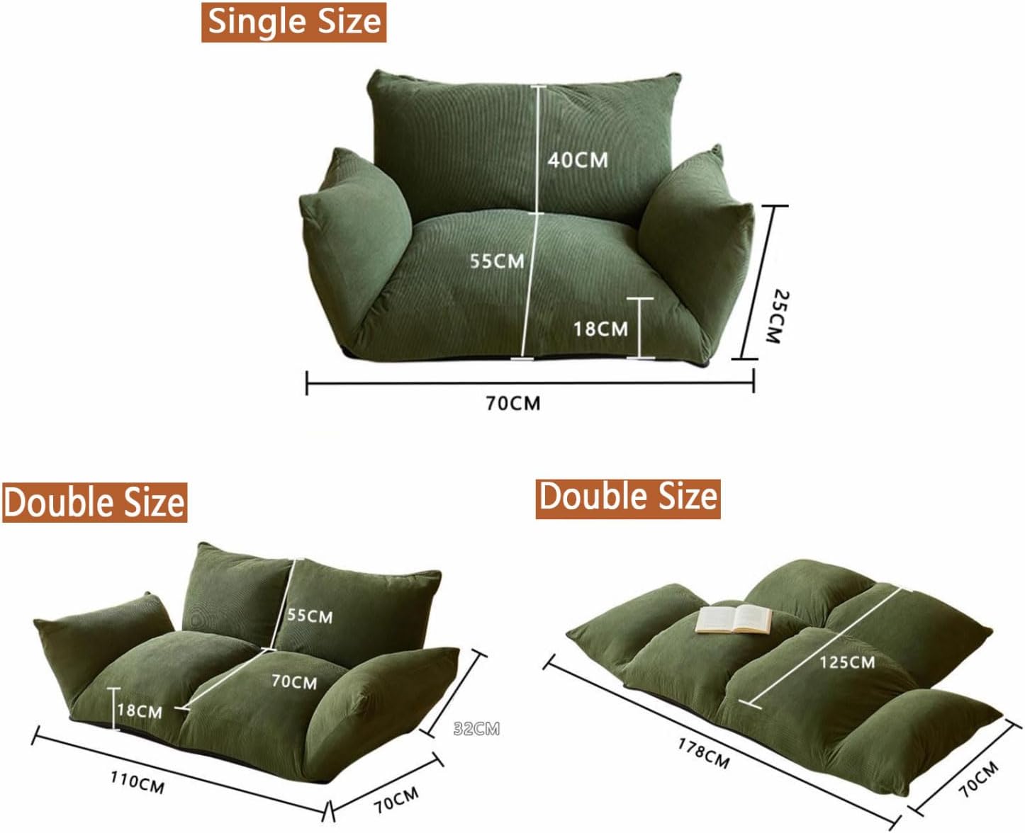 Folding Sofa Bed Bean Bag Chair for Adults Upholstered Floor Sofa with Armrests Loveseat Boneless Couch with Tufted Cushion & Backrest Large Bean Bag Couch for Bedroom Living Room