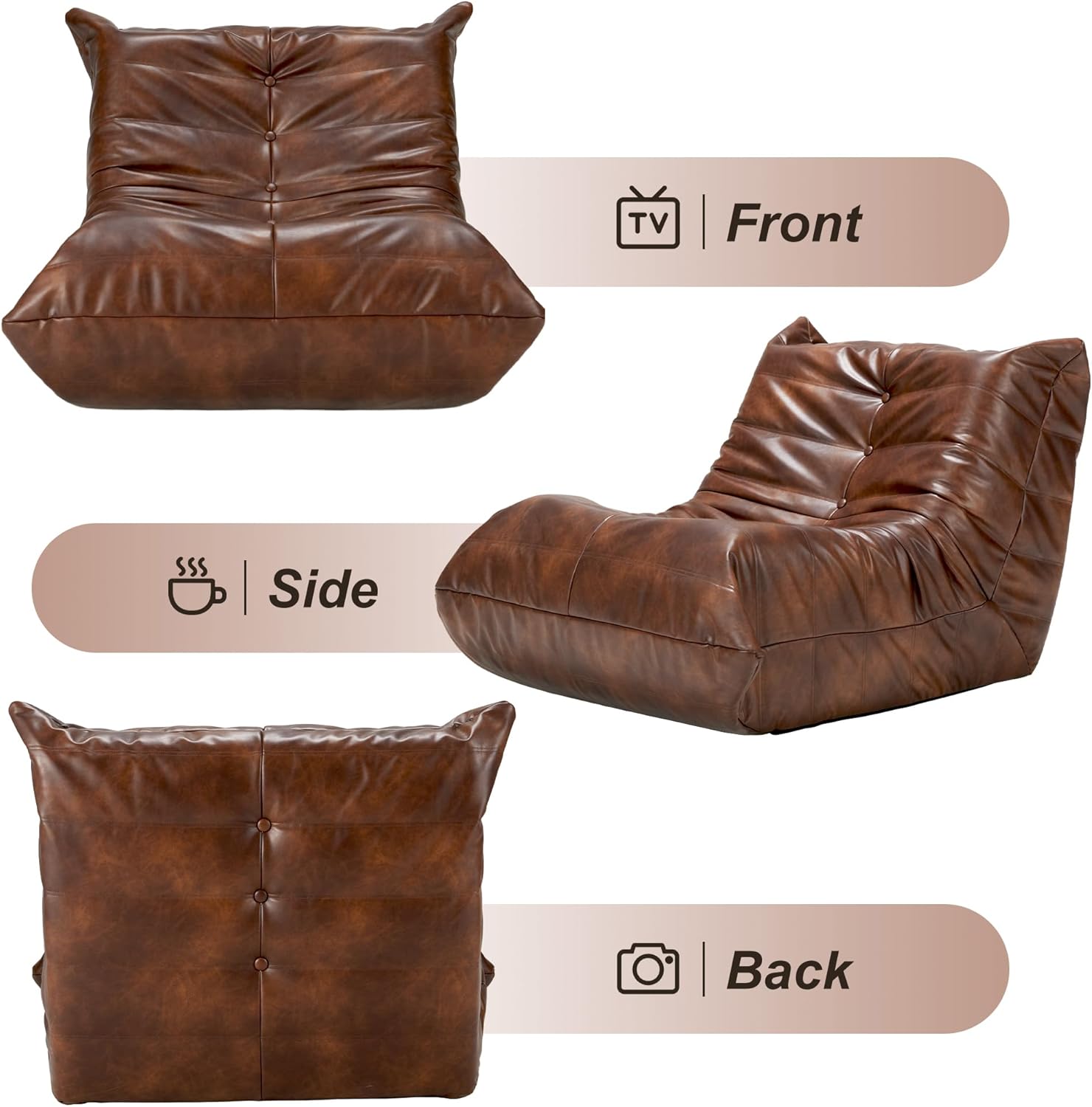 Hobestluk Giant Bean Bag Chair Lazy Floor Sofa, Memory Foam Fireside Sofa for Adults, Big Beanbag Faux Leather Armless Chair for Living Room Bedroom Dorm Office (Brown Leather)