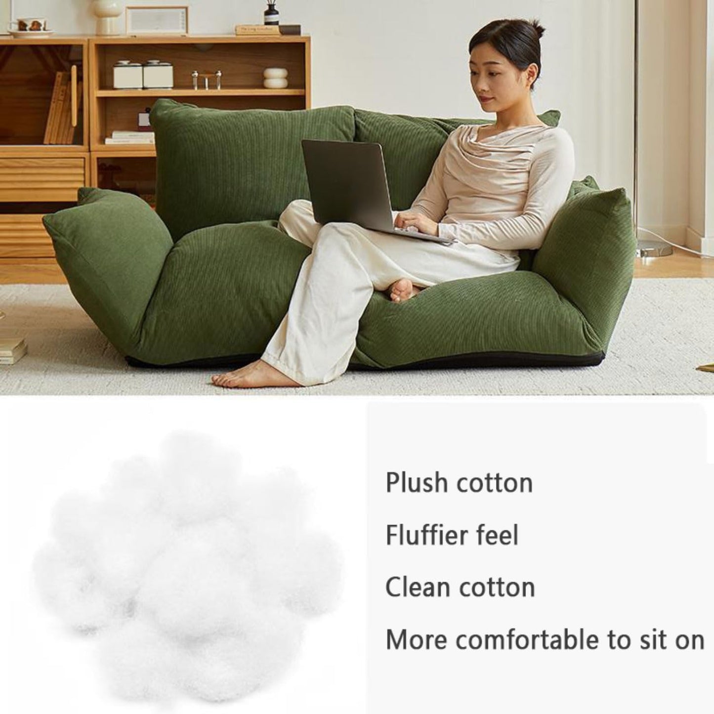 Folding Sofa Bed Bean Bag Chair for Adults Upholstered Floor Sofa with Armrests Loveseat Boneless Couch with Tufted Cushion & Backrest Large Bean Bag Couch for Bedroom Living Room