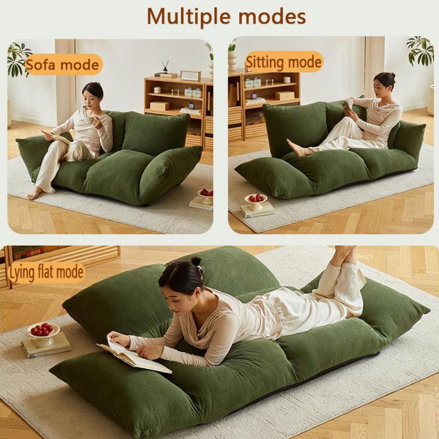 Folding Sofa Bed Bean Bag Chair for Adults Upholstered Floor Sofa with Armrests Loveseat Boneless Couch with Tufted Cushion & Backrest Large Bean Bag Couch for Bedroom Living Room