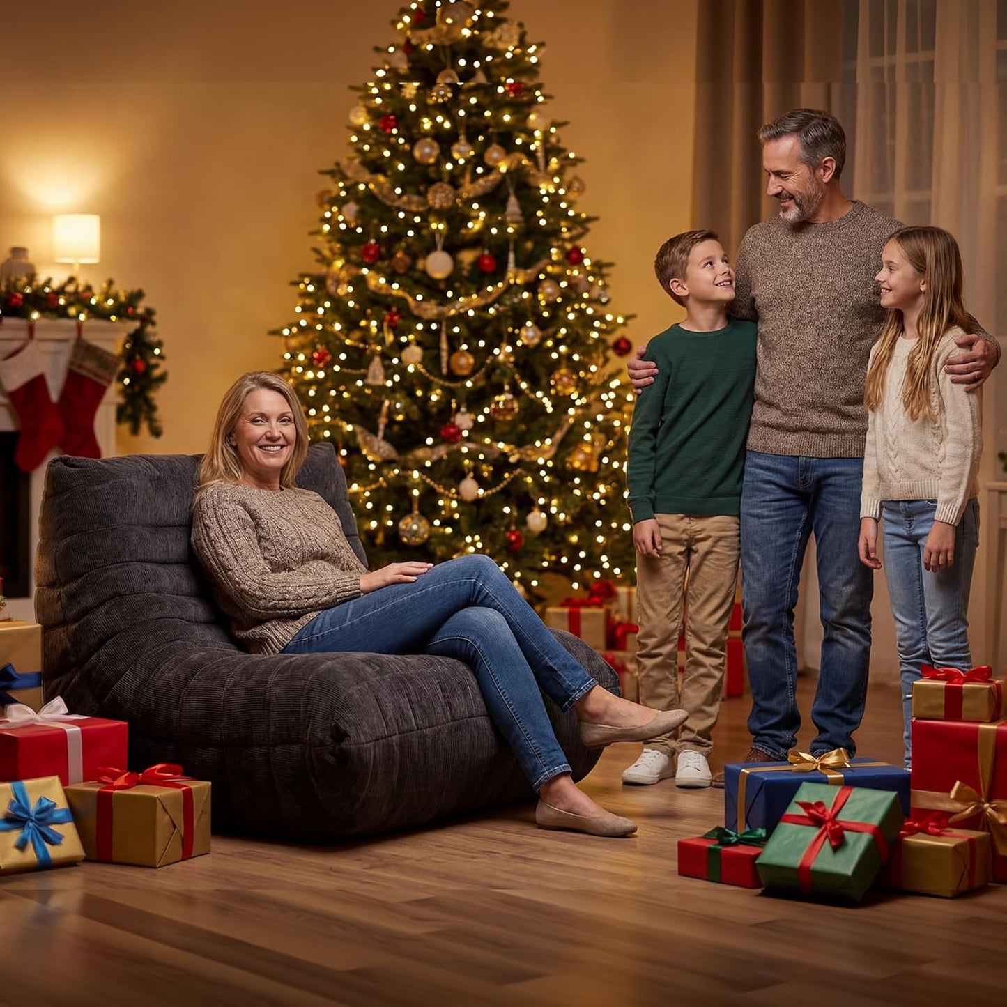 Bean Bag Chair, Togo Style Fireplace Lounge Chair with Memory Foam, Giant Bean Bag Sofa for Adults, Comfortable Floor Sofa for Living Room, Bedroom, Gaming and Office (Brown)