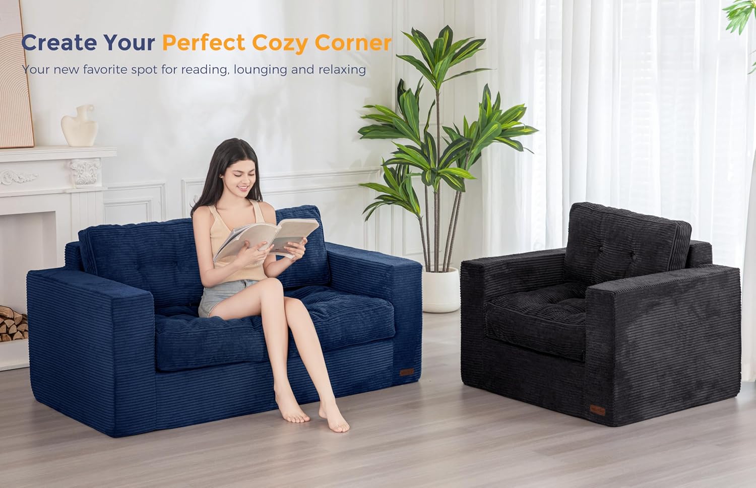 MAXYOYO 2 Seater Sofa Corduroy, Upholstered Floor Sofa Chair with Armrests, Loveseat Boneless Couch with Tufted Cushion & Backrest, Large Bean Bag Couch for Bedroom Living Room