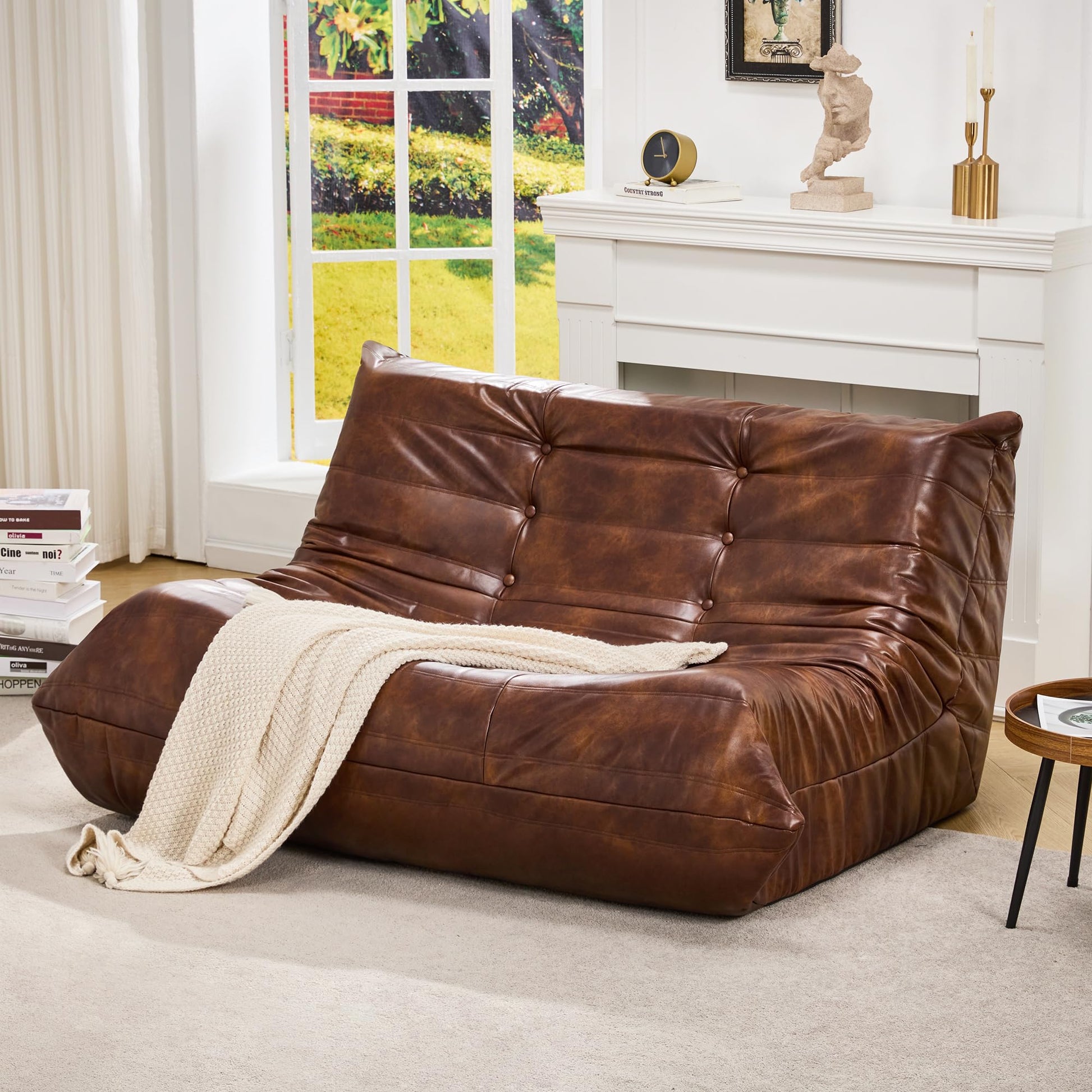 Hobestluk Giant Bean Bag Chair Lazy Floor Sofa, Memory Foam Fireside Sofa for Adults, Big Beanbag Faux Leather Armless Chair for Living Room Bedroom Dorm Office (Brown Leather)