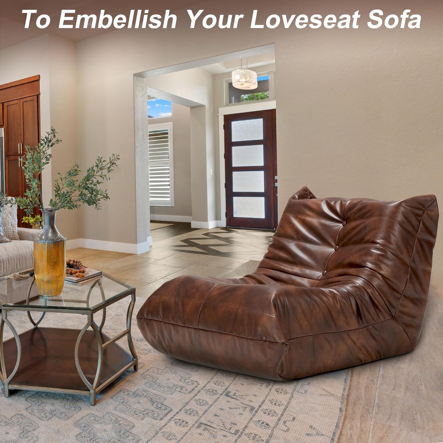 Hobestluk Giant Bean Bag Chair Lazy Floor Sofa, Memory Foam Fireside Sofa for Adults, Big Beanbag Faux Leather Armless Chair for Living Room Bedroom Dorm Office (Brown Leather)