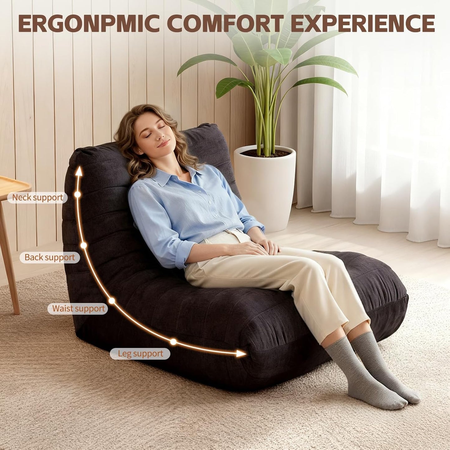 Bean Bag Chair, Togo Style Fireplace Lounge Chair with Memory Foam, Giant Bean Bag Sofa for Adults, Comfortable Floor Sofa for Living Room, Bedroom, Gaming and Office (Brown)