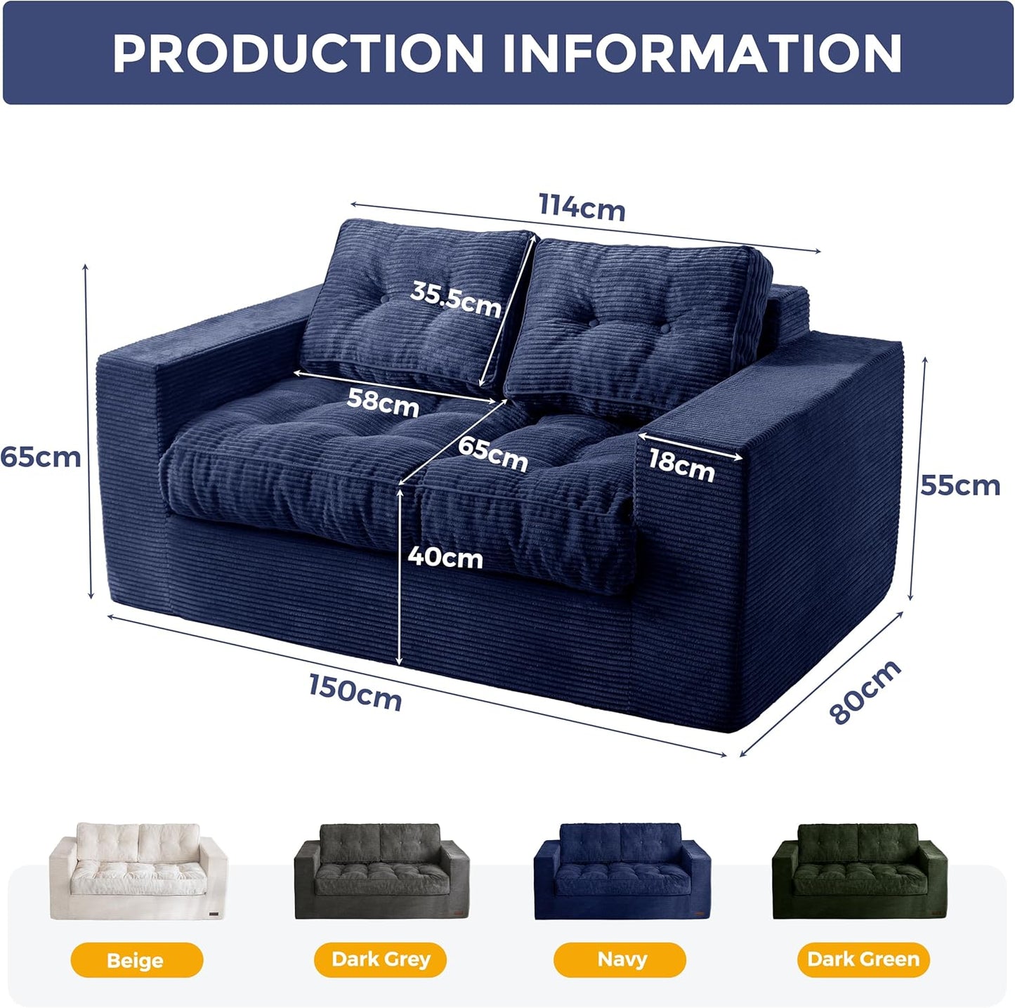 MAXYOYO 2 Seater Sofa Corduroy, Upholstered Floor Sofa Chair with Armrests, Loveseat Boneless Couch with Tufted Cushion & Backrest, Large Bean Bag Couch for Bedroom Living Room