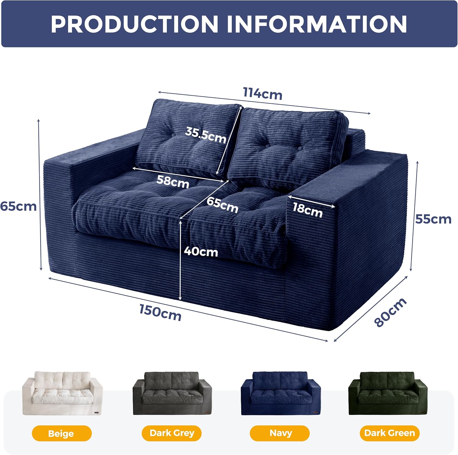 MAXYOYO 2 Seater Sofa Corduroy, Upholstered Floor Sofa Chair with Armrests, Loveseat Boneless Couch with Tufted Cushion & Backrest, Large Bean Bag Couch for Bedroom Living Room