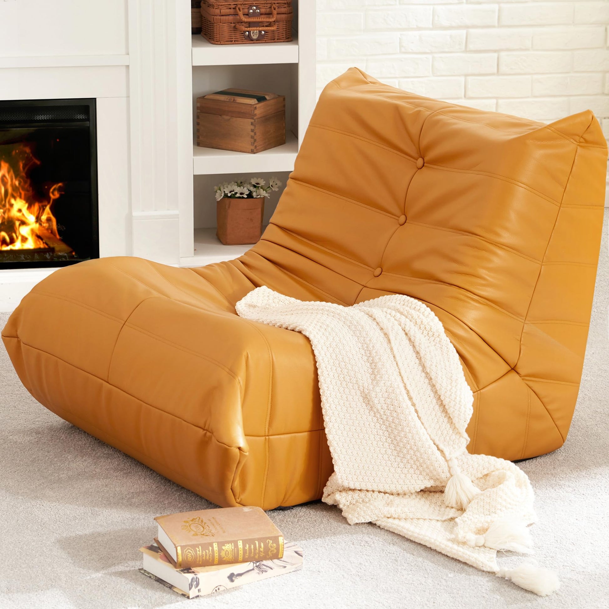 Hobestluk Giant Bean Bag Chair Lazy Floor Sofa, Memory Foam Fireside Sofa for Adults, Big Beanbag Faux Leather Armless Chair for Living Room Bedroom Dorm Office (Brown Leather)