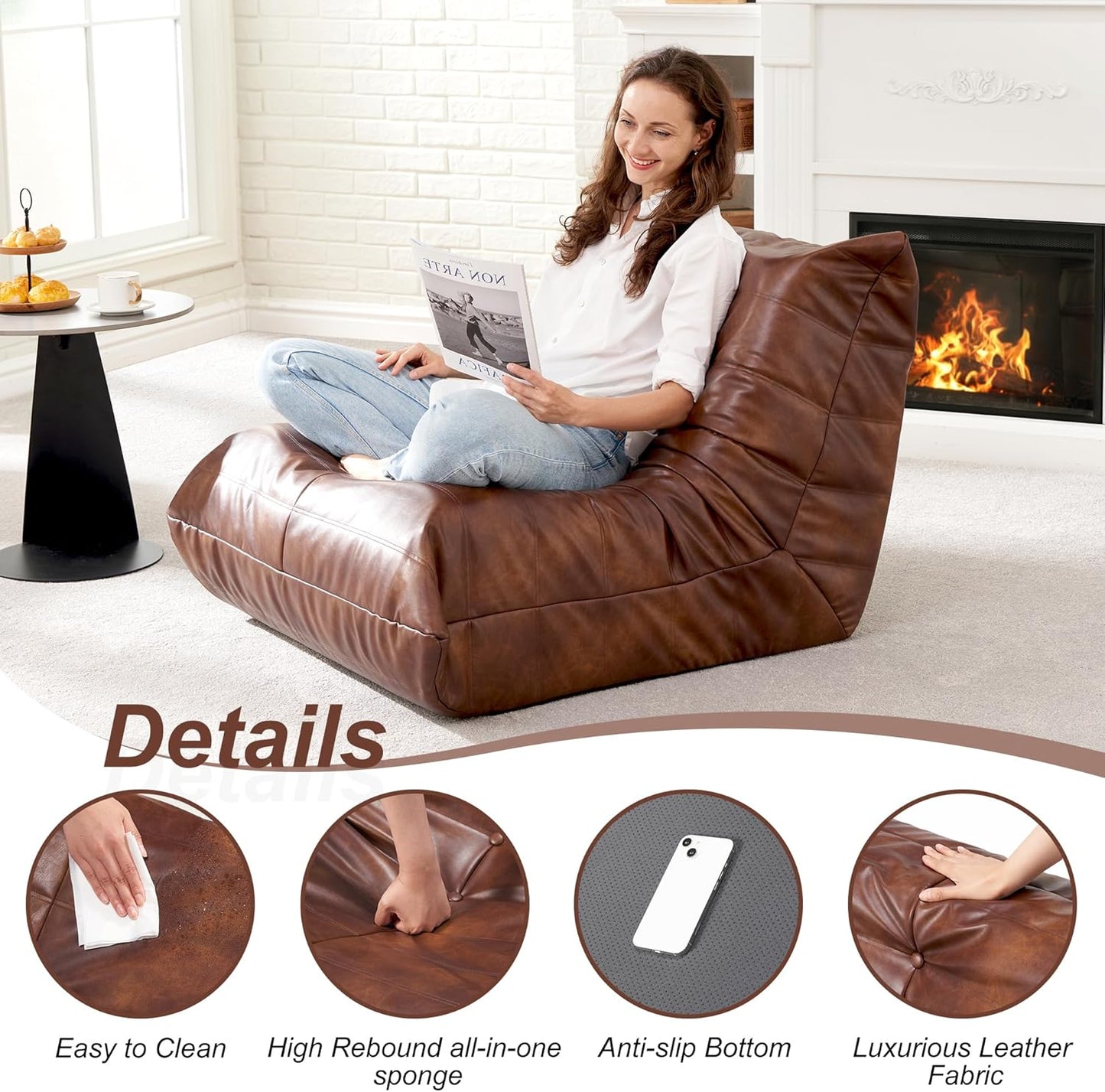 Hobestluk Giant Bean Bag Chair Lazy Floor Sofa, Memory Foam Fireside Sofa for Adults, Big Beanbag Faux Leather Armless Chair for Living Room Bedroom Dorm Office (Brown Leather)