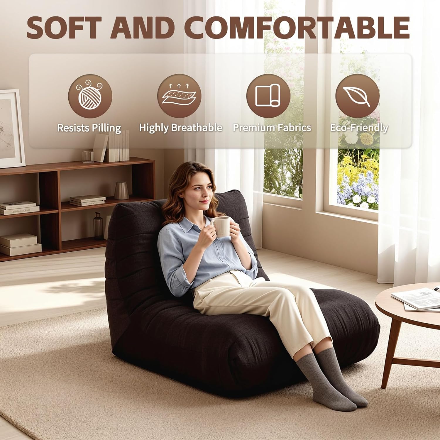 Bean Bag Chair, Togo Style Fireplace Lounge Chair with Memory Foam, Giant Bean Bag Sofa for Adults, Comfortable Floor Sofa for Living Room, Bedroom, Gaming and Office (Brown)