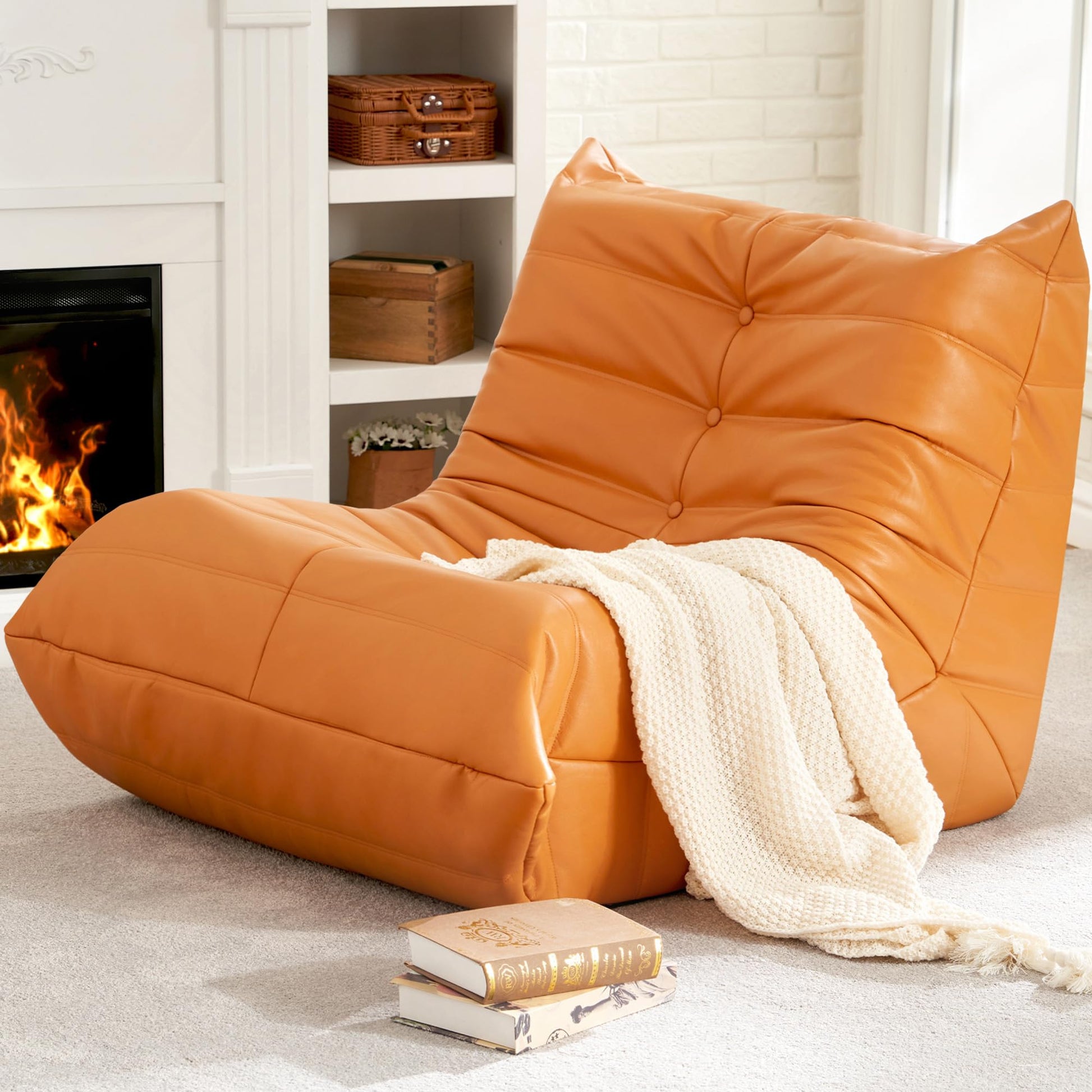 Hobestluk Giant Bean Bag Chair Lazy Floor Sofa, Memory Foam Fireside Sofa for Adults, Big Beanbag Faux Leather Armless Chair for Living Room Bedroom Dorm Office (Brown Leather)